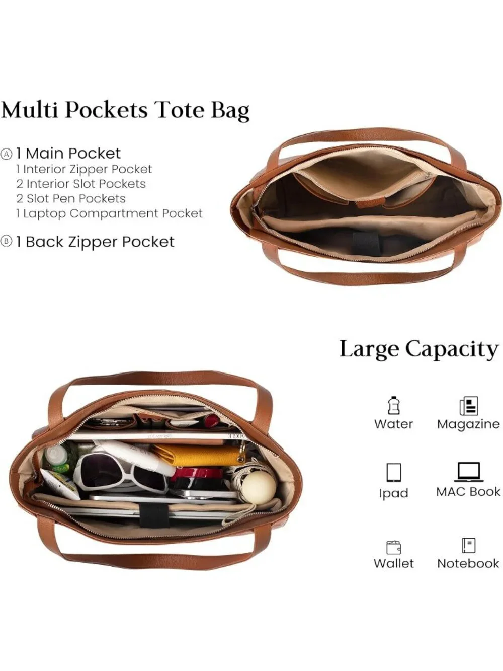 Women Cognac Brown Leather Shoulder Satchel Laptop Compartment Bag
